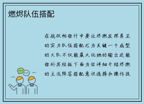 燃烬队伍搭配